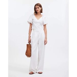 Madewell White Textured Embroidered V Neck Short Sleeve‎ Top Size 14